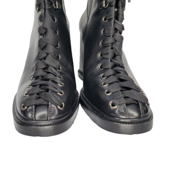 Santoni Leather Lace Up Block Heel Combat Boots - Picture 3 of 8